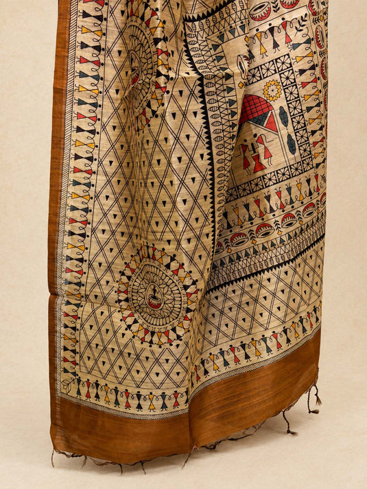 Brown Tussar Printed Saree