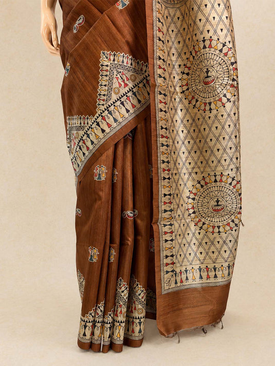 Brown Tussar Printed Saree