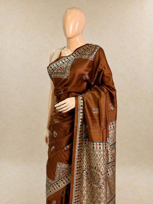 Brown Tussar Printed Saree