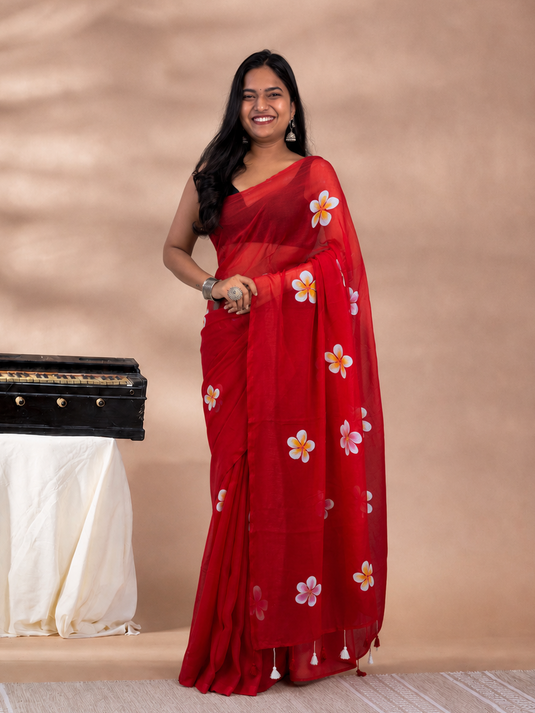 Red Cotton Hand Painted Saree