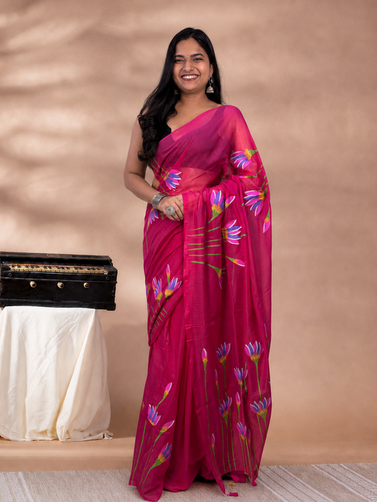 Pink Cotton Hand Painted Saree