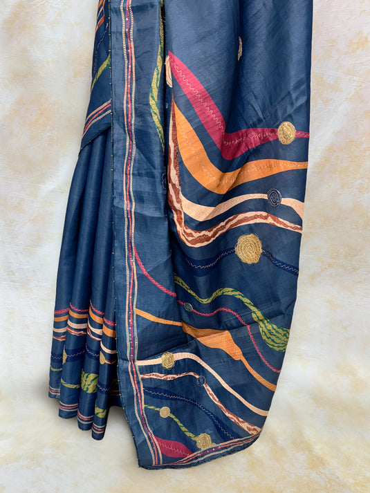 Blue Tussar Printed Saree