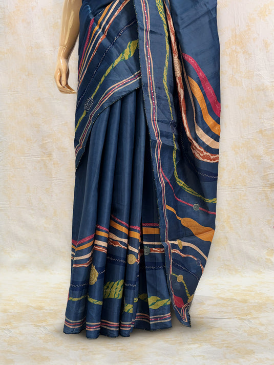 Blue Tussar Printed Saree