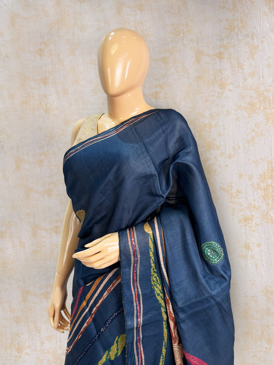 Blue Tussar Printed Saree