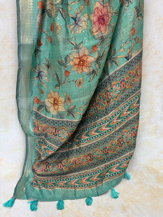 Blue Mul Chanderi Printed Saree