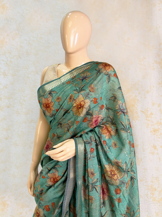 Blue Mul Chanderi Printed Saree