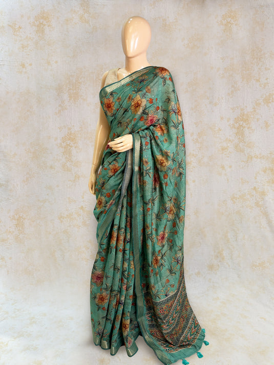Blue Mul Chanderi Printed Saree
