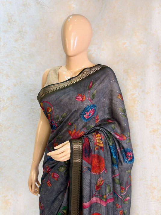 Grey Mul Chanderi Printed Saree