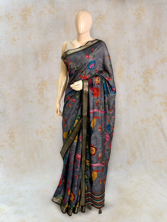 Grey Mul Chanderi Printed Saree
