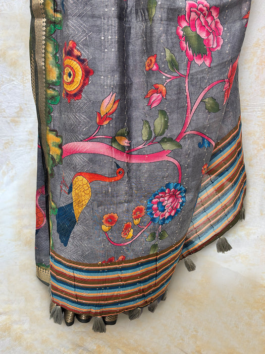 Grey Mul Chanderi Printed Saree