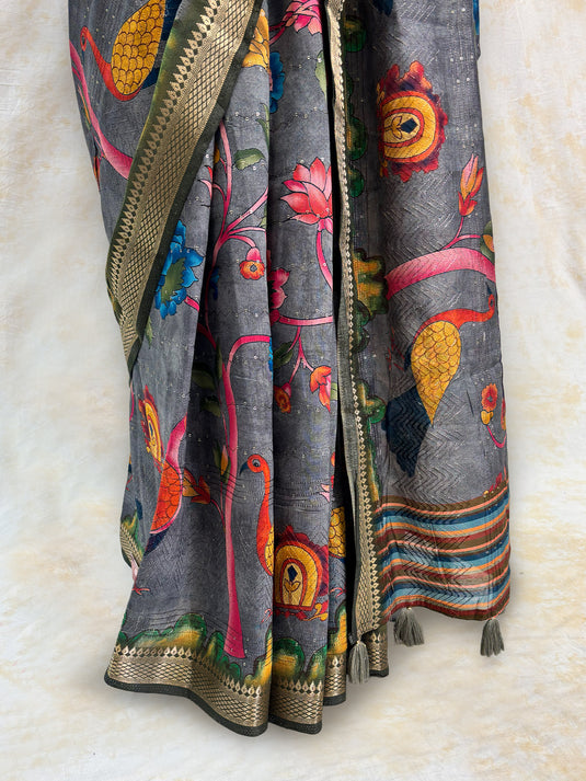 Grey Mul Chanderi Printed Saree