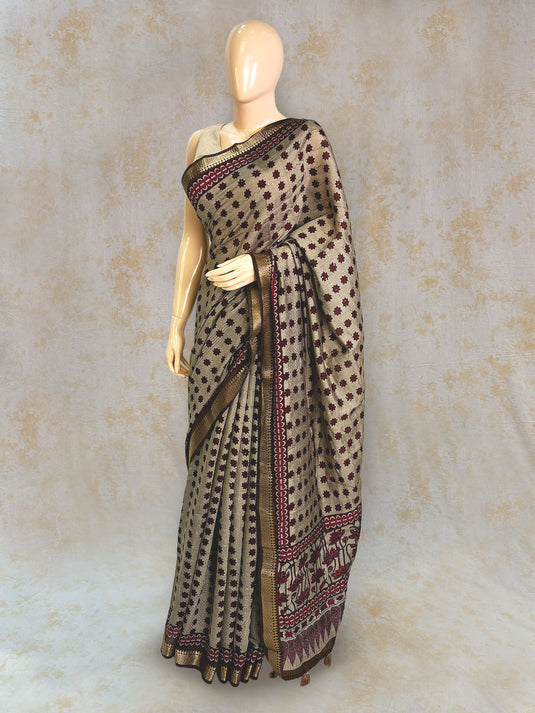 Beige Mul Chanderi Printed Saree