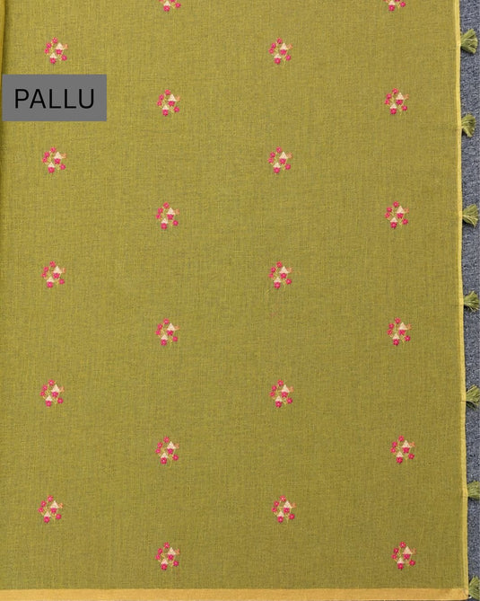 Green Linen Embroidered Saree