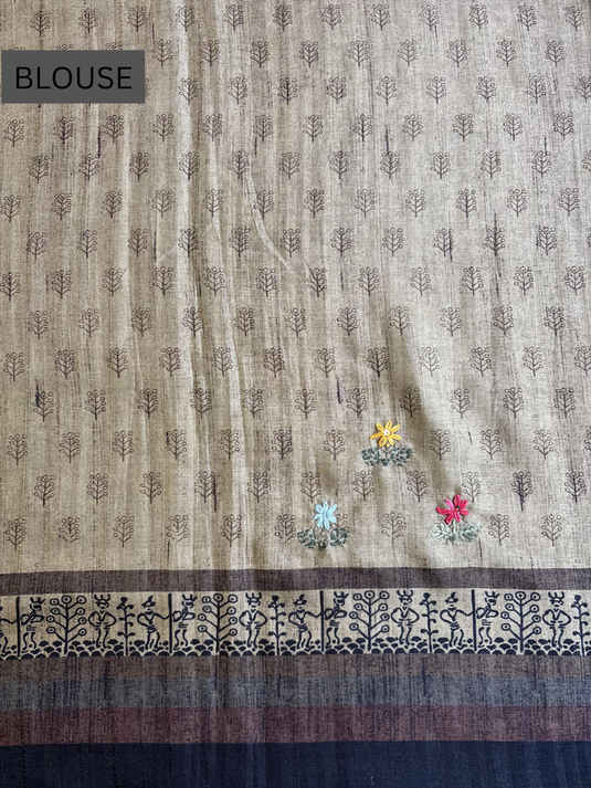 Rust Tussar Silk Printed Saree
