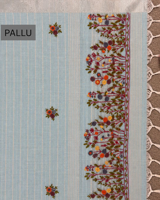 Blue Linen Embroidered Saree