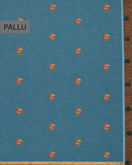 Blue Linen Embroidered Saree
