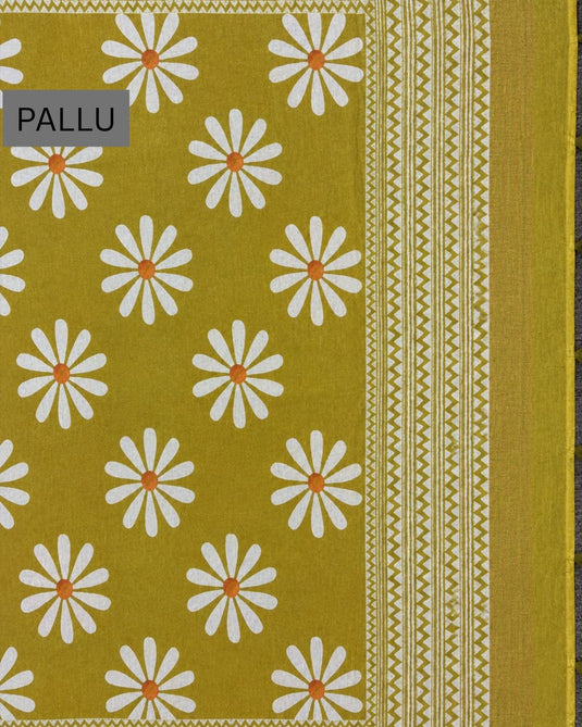 yellow Cotton Printed Saree