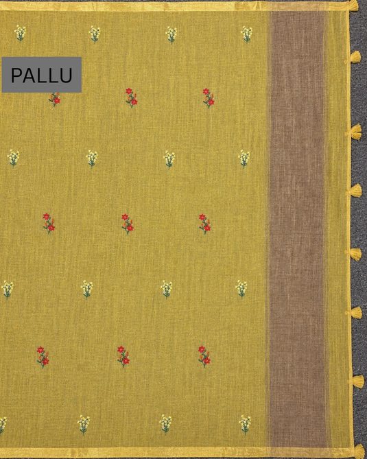 Yellow Linen Embroidered Saree