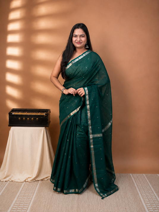 Dark Green Mul Chanderi Zari Weaving Saree