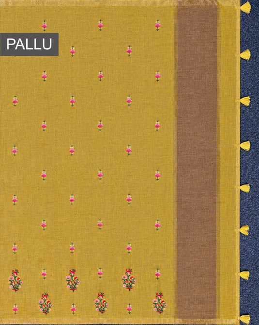 Yellow Linen Thread Work Embroidery Saree