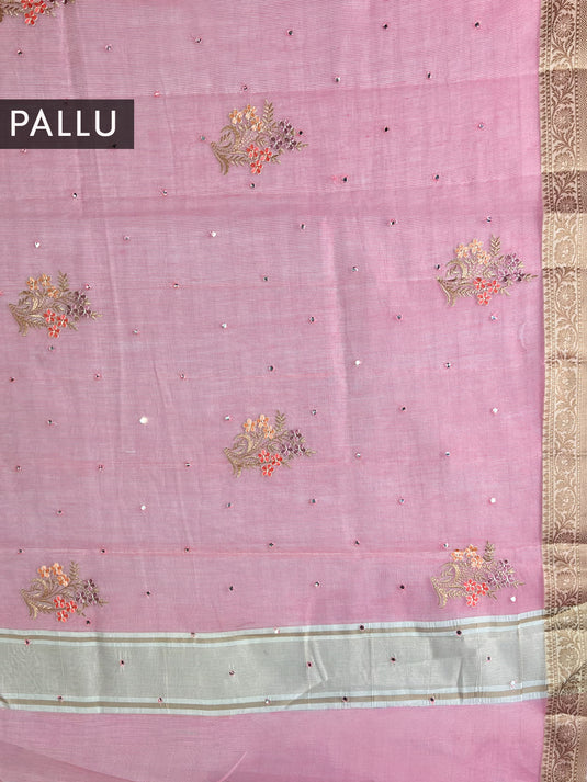 Pink Supernet Cotton Embroidered Saree