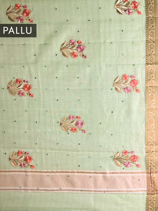 Light Green Supernet Cotton Embroidered Saree