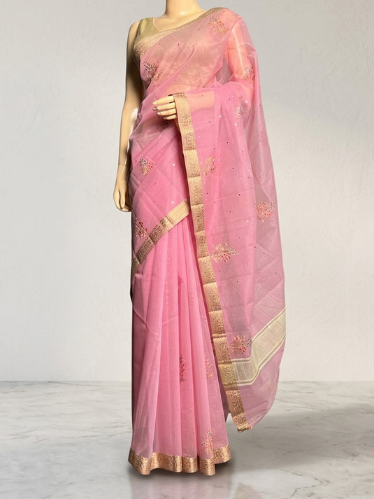Pink Supernet Cotton Embroidered Saree