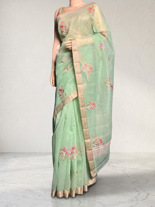Light Green Supernet Cotton Embroidered Saree