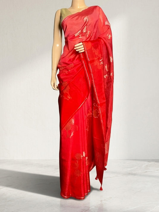 Red Zari work Paper Silk Saree