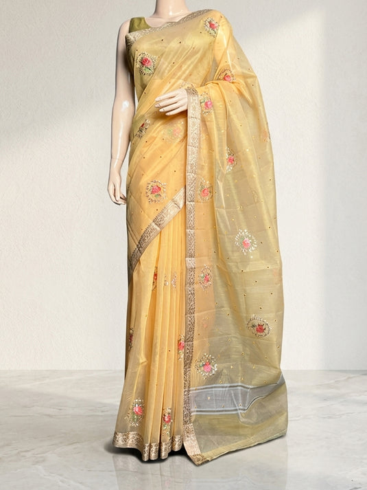 Yellow Supernet Cotton Embroidered Saree