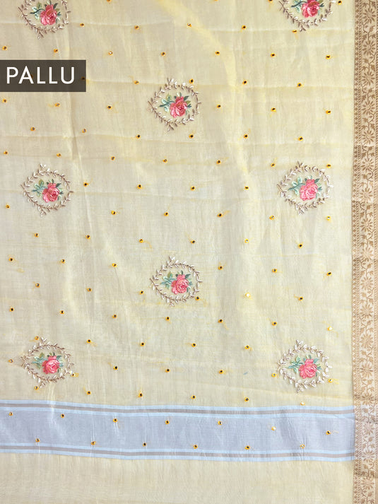 Yellow Supernet Cotton Embroidered Saree