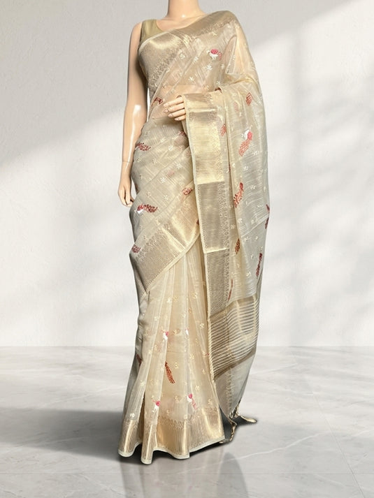 Beige Linen Tissue Embroidered Saree