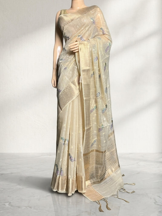 Beige Linen Tissue Embroidered Saree