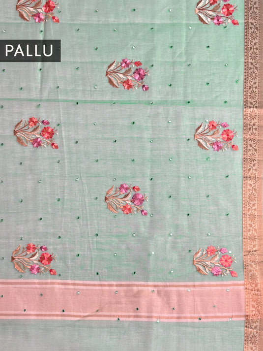 Green Supernet Cotton Embroidered Saree
