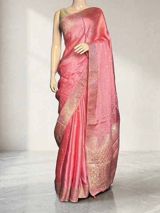Pink Satin Silk Zari Woven Saree