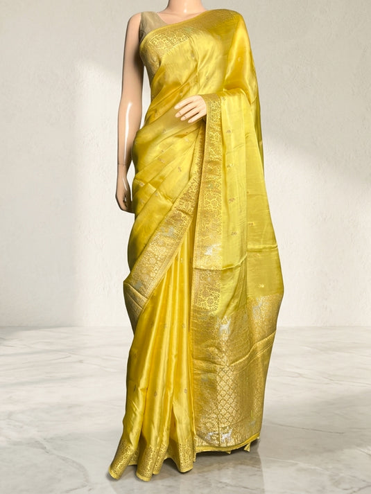 Yellow Satin Silk Zari Woven Saree