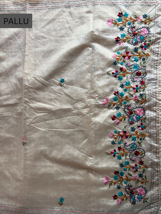Beige Tussar Embroidered Saree
