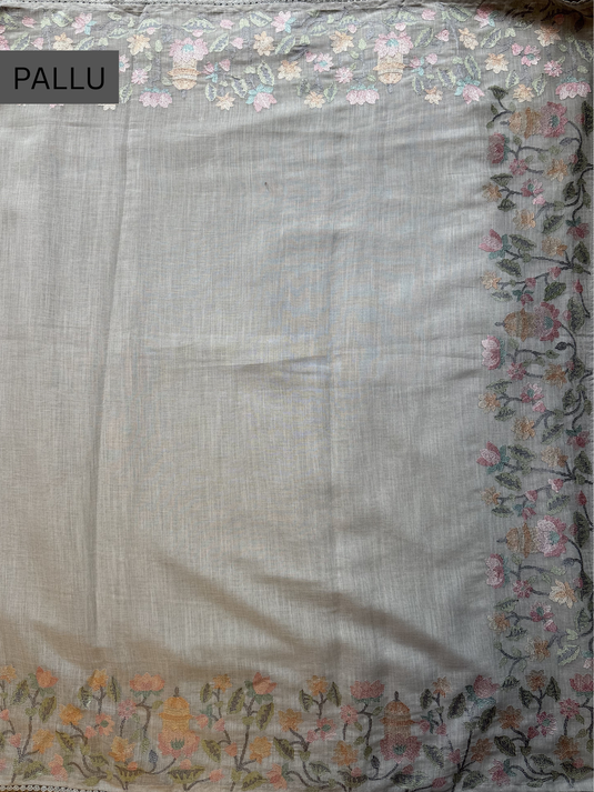 Off White Linen Embroidered Saree