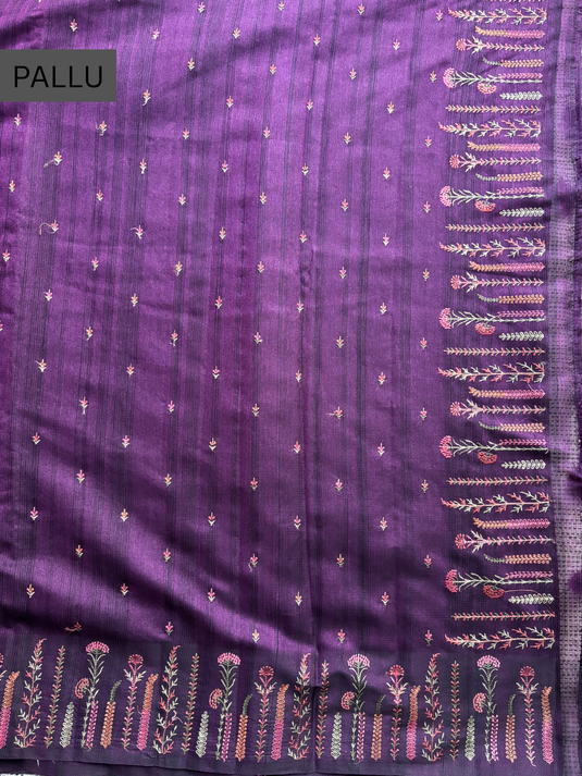 Purple Jute Linen Thread Work Saree