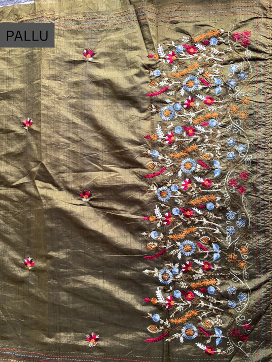 Green Tussar Silk Embroidered Saree