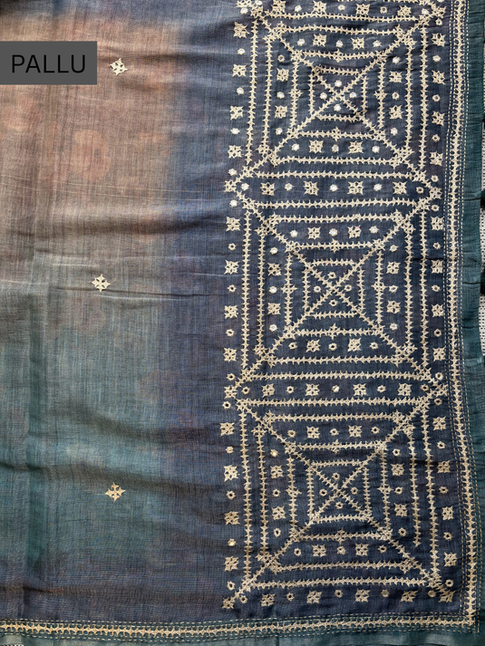 Green Linen Tissue Thread Work Saree