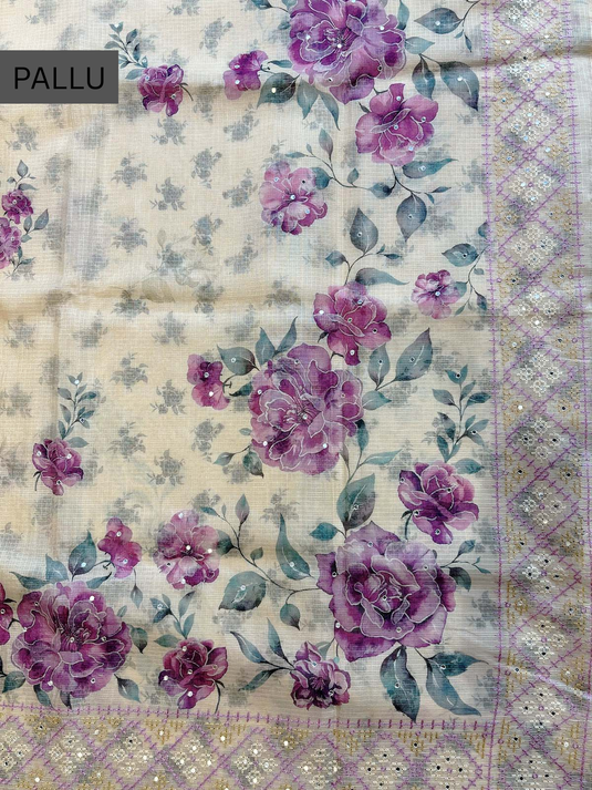 Beige Kota Silk Printed Saree