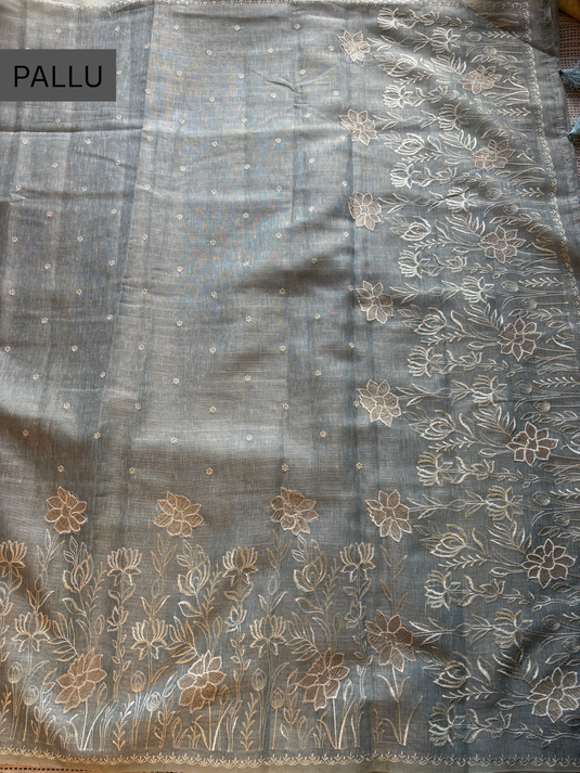 Grey Linen Tissue Embroidered Saree