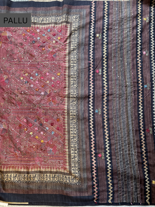 Rust Tussar Silk Printed Saree