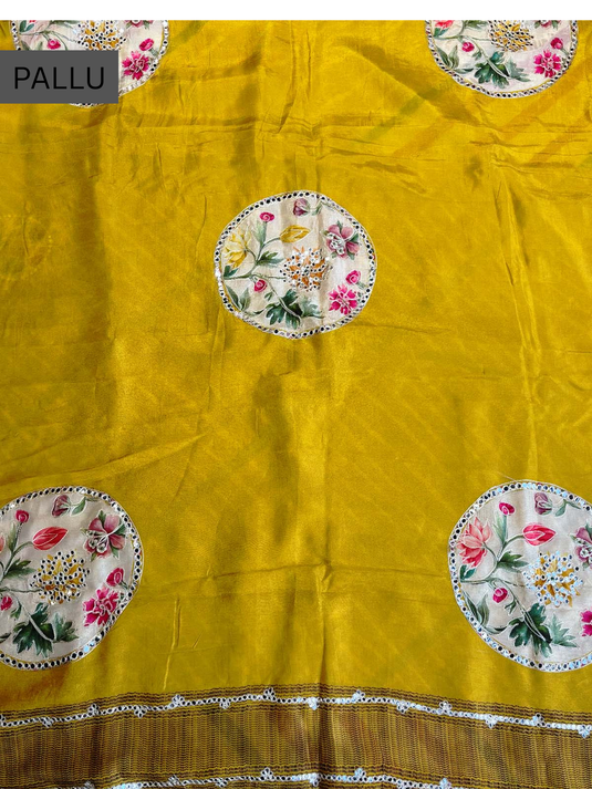 Yellow Dola Silk Patchwork Saree