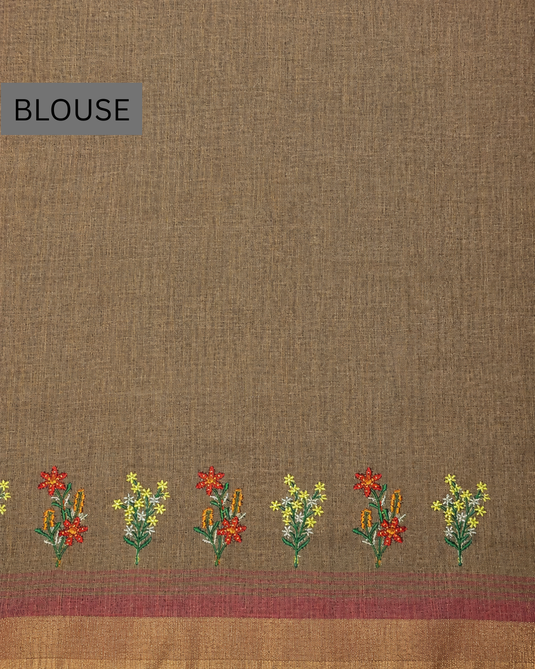 Orange Linen Embroidered Saree