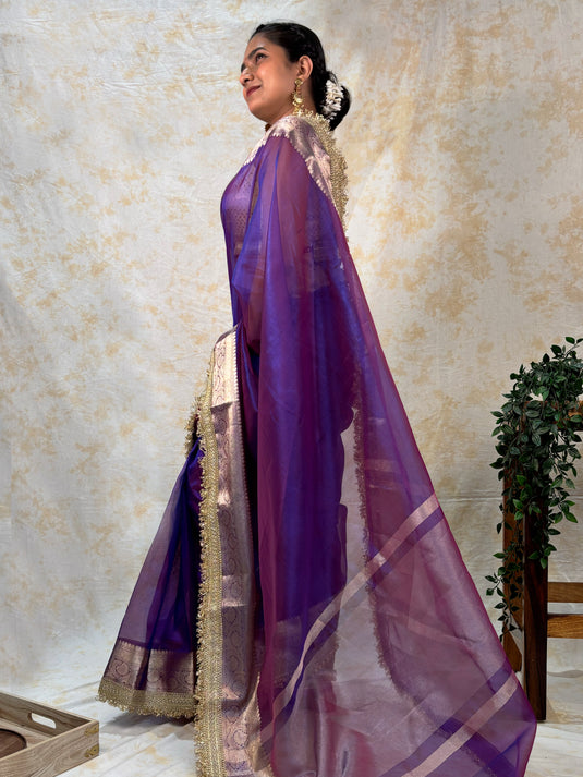 Purple Tissue Silk Saree With Lace Border