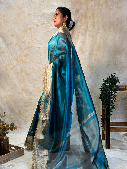 Blue Tissue Silk Saree With Lace Border