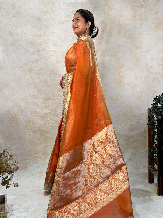Orange Tissue Silk Saree With Lace Border