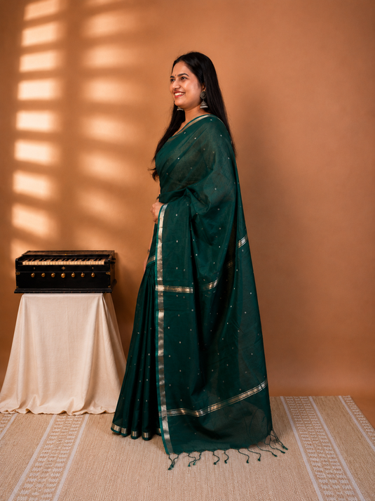Dark Green Mul Chanderi Zari Weaving Saree